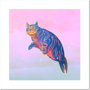 Neon Harbor Seal Cat Posters and Art